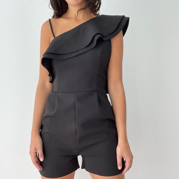 Topshop Black Ruffle One-Shoulder Playsuit (Size 6/8) - Picture 2 of 8